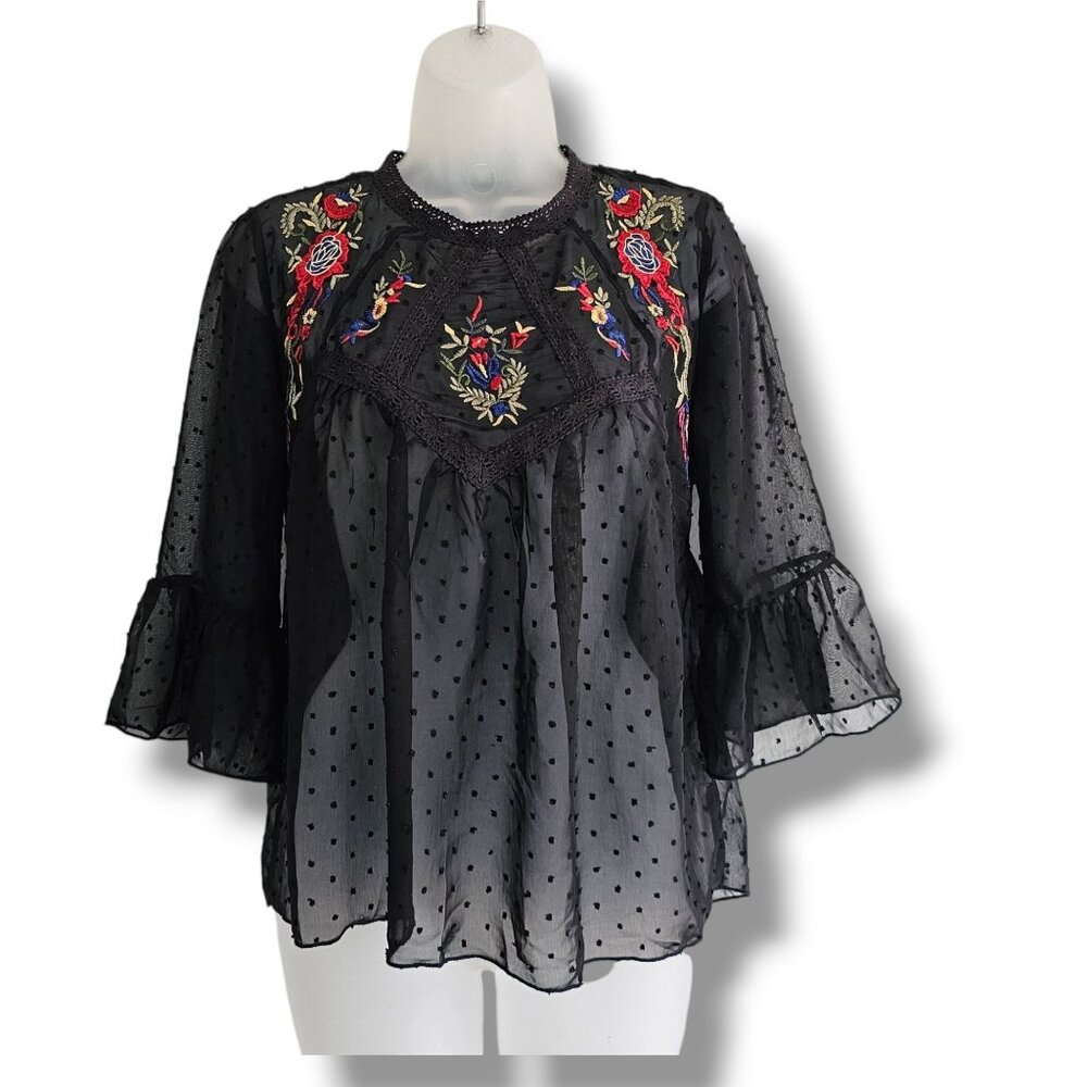 Rebellion Again Top Black Sheer Polka Dot Size‎ M Embroidered Floral Bell Sleeve